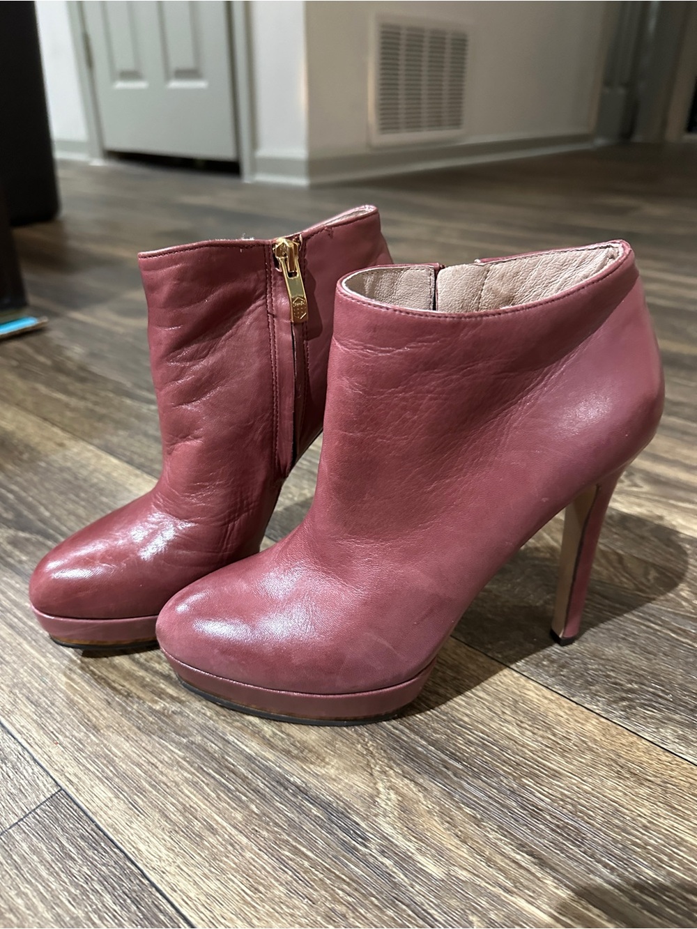 Burgundy Leather High Heel Platform Ankle Boots